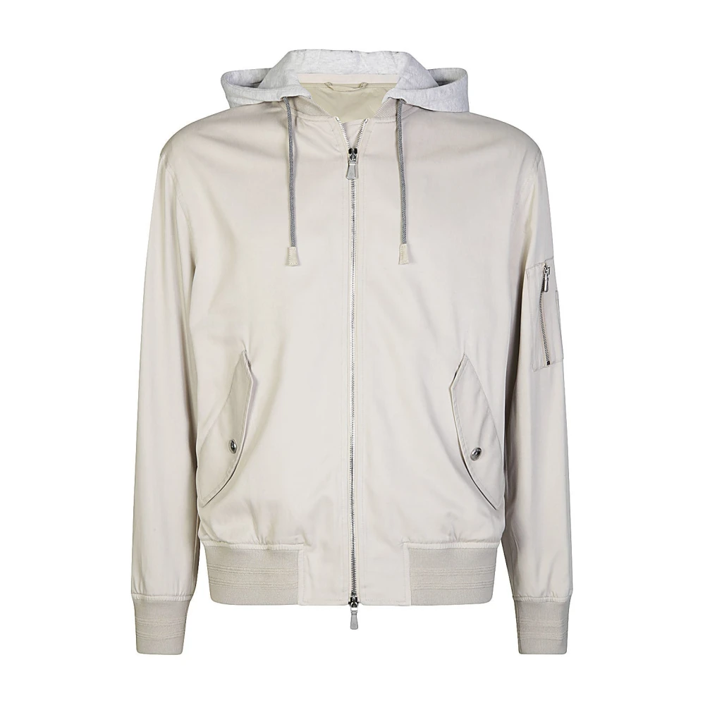 Eleventy Zijden en Fleece Bomberjack met Capuchon Beige Heren