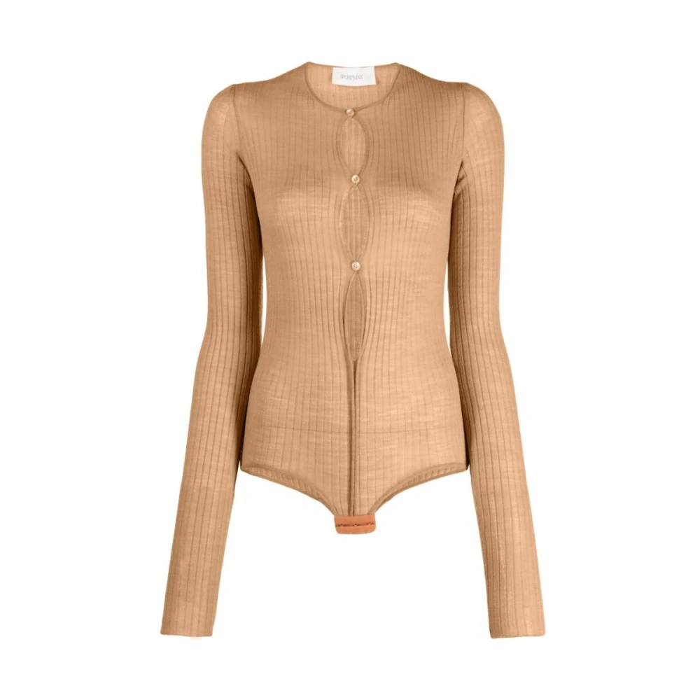 Sportmax Women's Beige Full-Body, M, Ribbed-Knit Button-Up Bodysuit