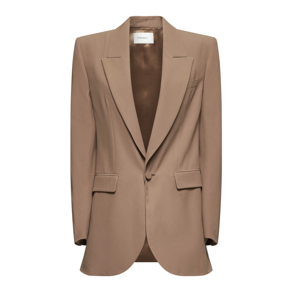 Saint Laurent Beige Zijden Jas met Piekrevers Brown Dames