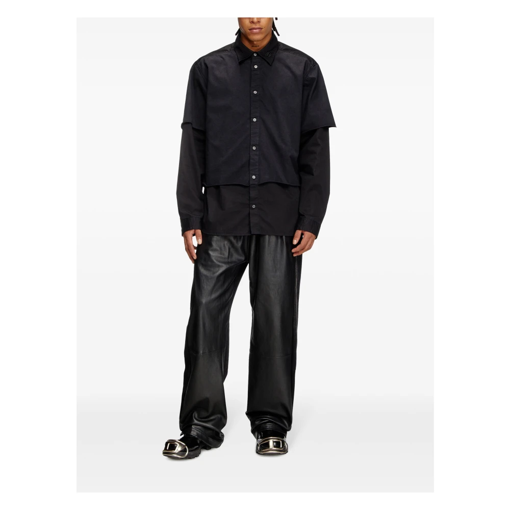 Diesel Zwarte Katoenen Twill Overhemd met Jerseylaag Black Heren