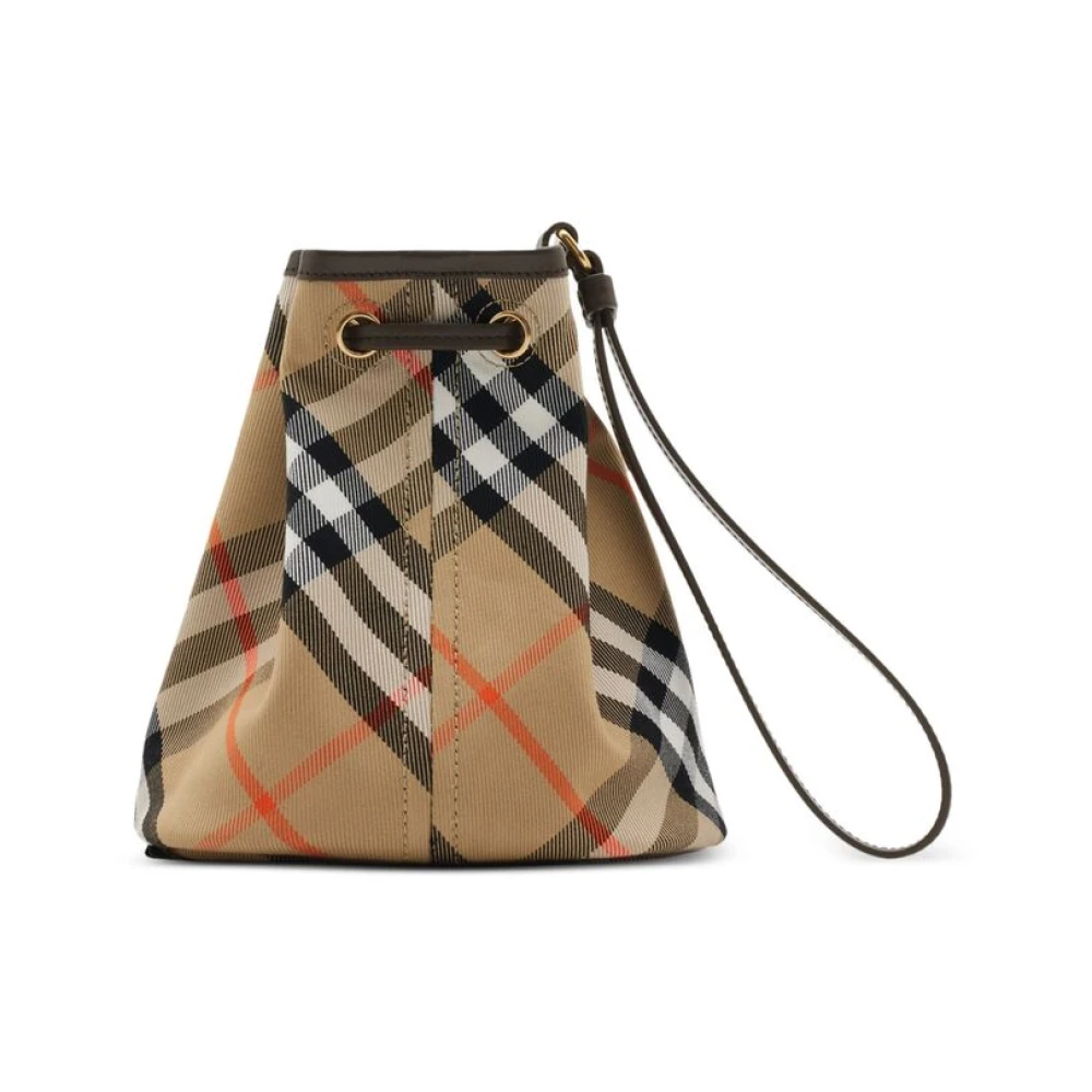 Burberry Vintage Check Canvas Leer Trekkoord Tas Beige Dames