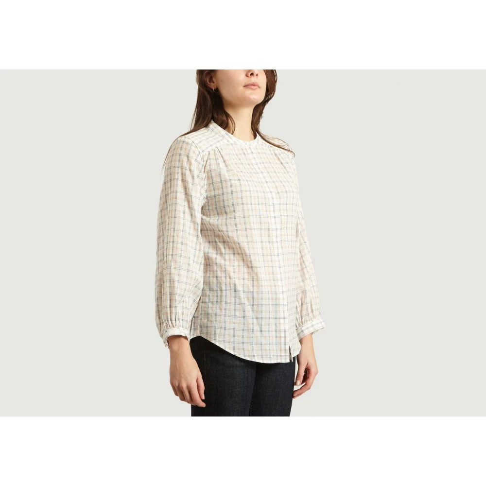 closed Geruite Mandarin Kraag Shirt White Dames