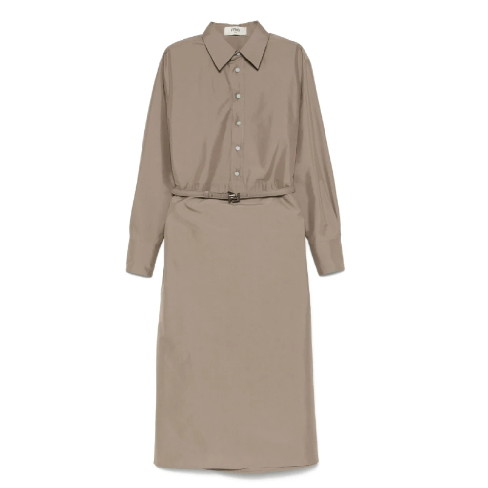 Fendi Vrouw Bruin Kleedjes Dames, Xs, Katoen, Taupe E Overhemdjurk Met Riem