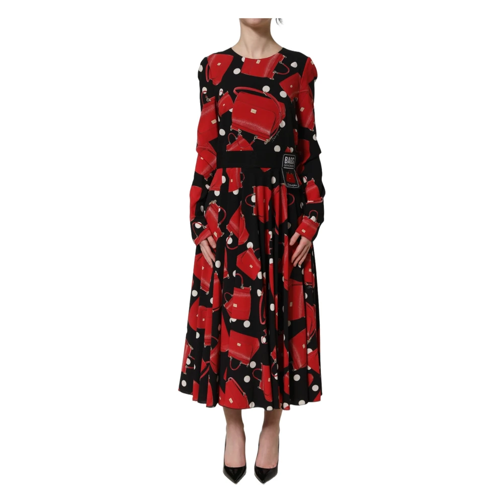 Dolce & Gabbana , Maxi Dresses, Female, Black, S, Handbag Print Long Sleeve Midi Dress