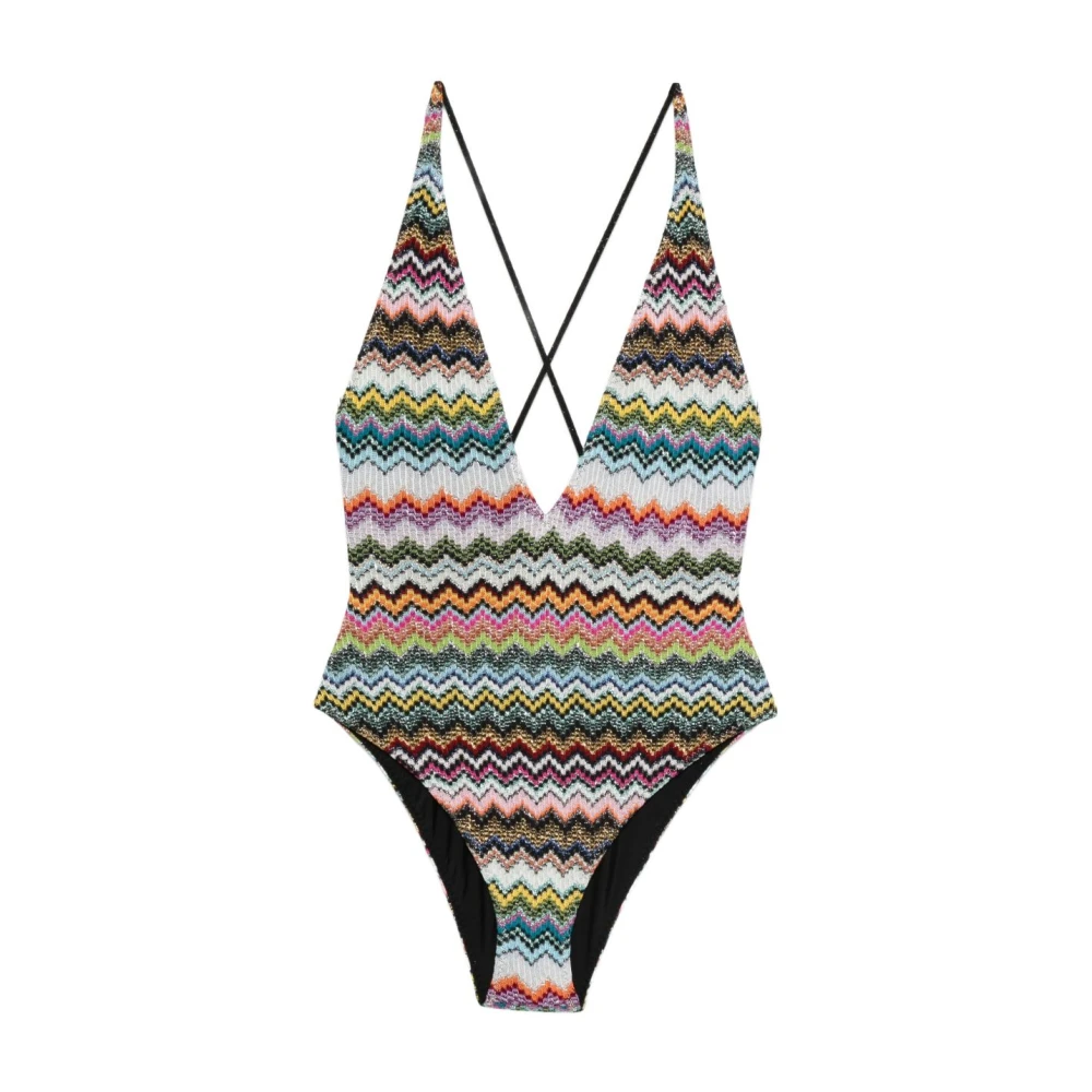 Missoni Women's Multicolor Swimsuits, L, One-Piece Swimsuit In Lamé Viscose With Pixel-Effect Zigzag Pattern And V-Neckline