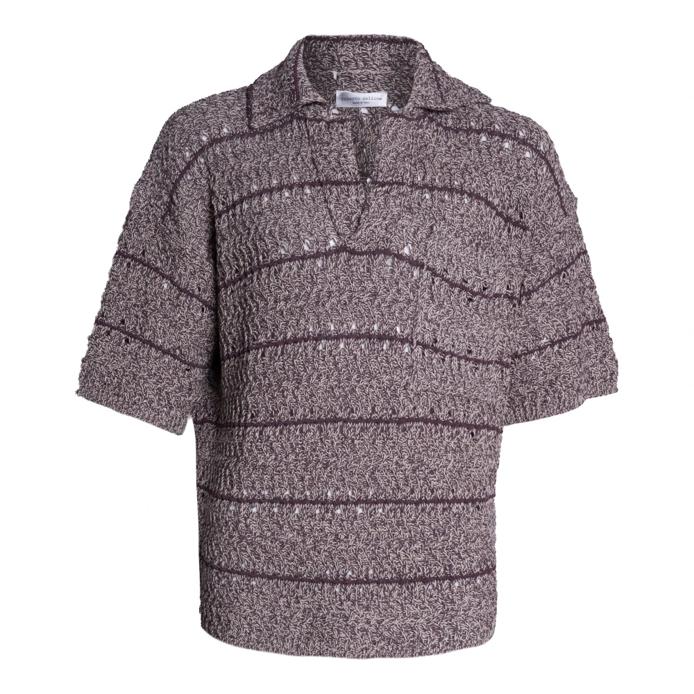 Roberto Collina Men's Brown V-Neck Knitwear, M, Mouliné Textured Knit Polo