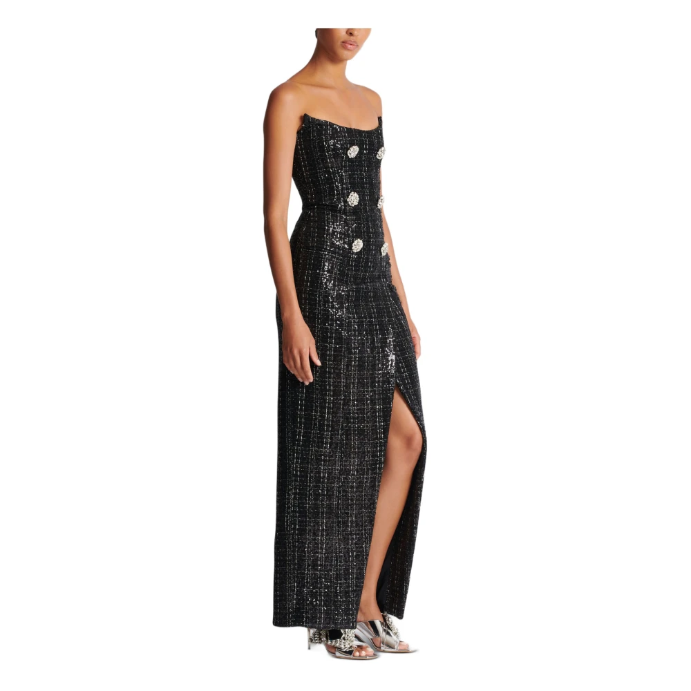 Balmain Strapless Lange Tweed Jurk met Glitter Black Dames
