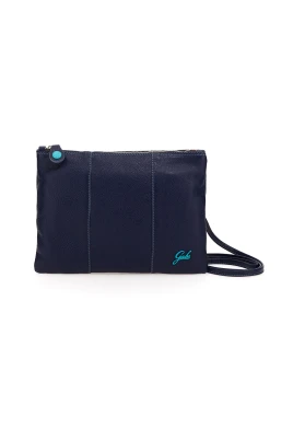 Blå läderclutch med justerbar rem