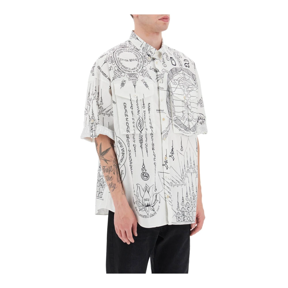 Dsquared2 Kort overhemd met contrasterende Thai-print White Heren