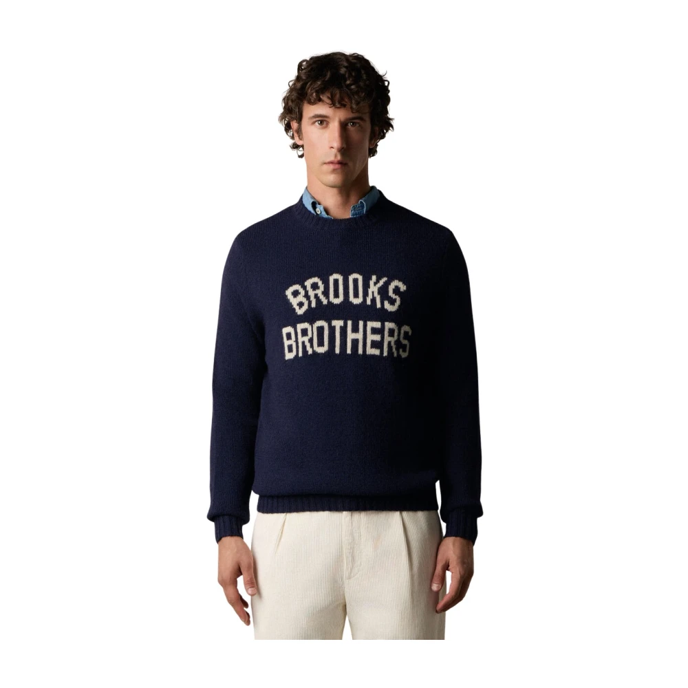 Brooks Brothers Men's Blue Round-Neck Knitwear, 2XL, Shetland Wool Logo Crewneck