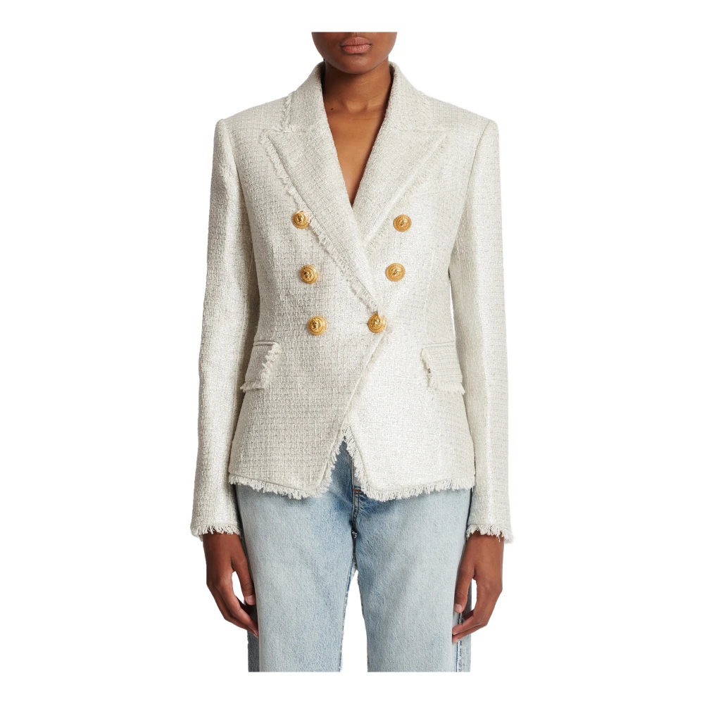 Balmain Double-breasted Tweed Jas Gray Dames