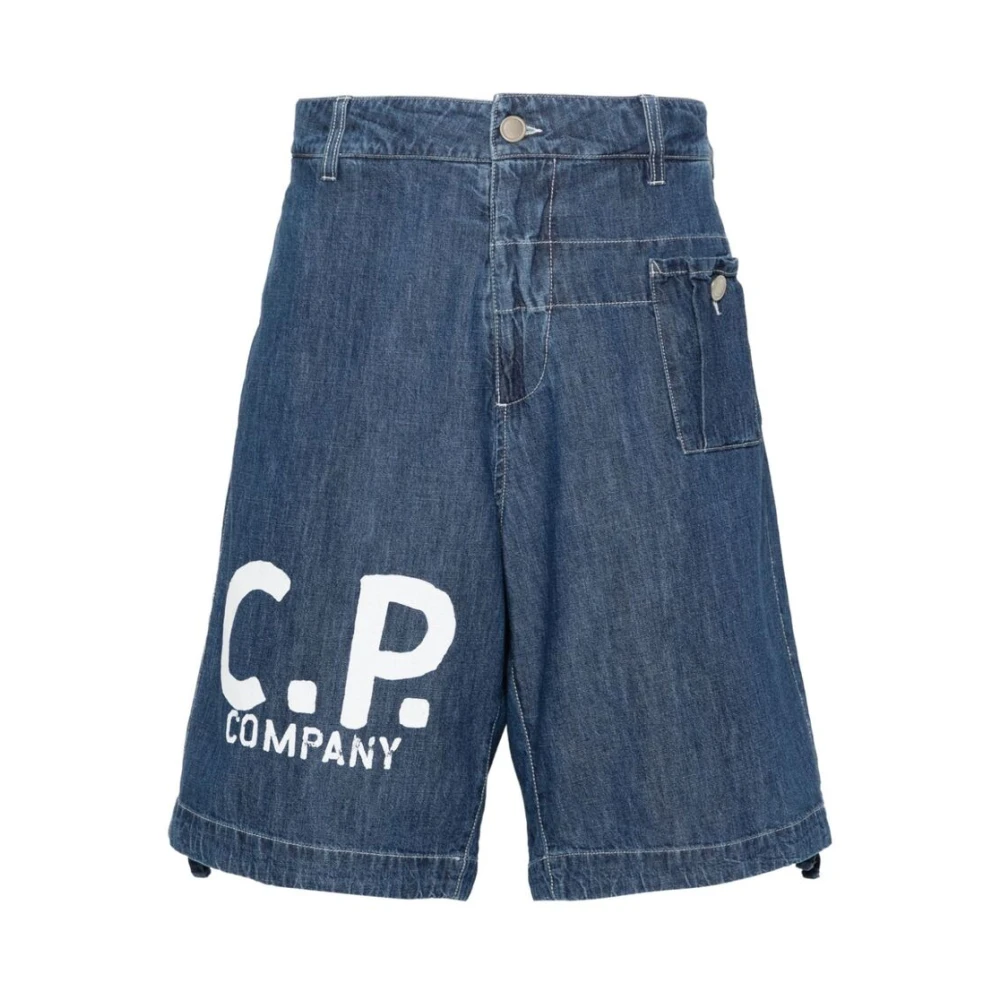 C.P. Company Blauwe Denim Logo Print Trekkoord Shorts Blue Heren