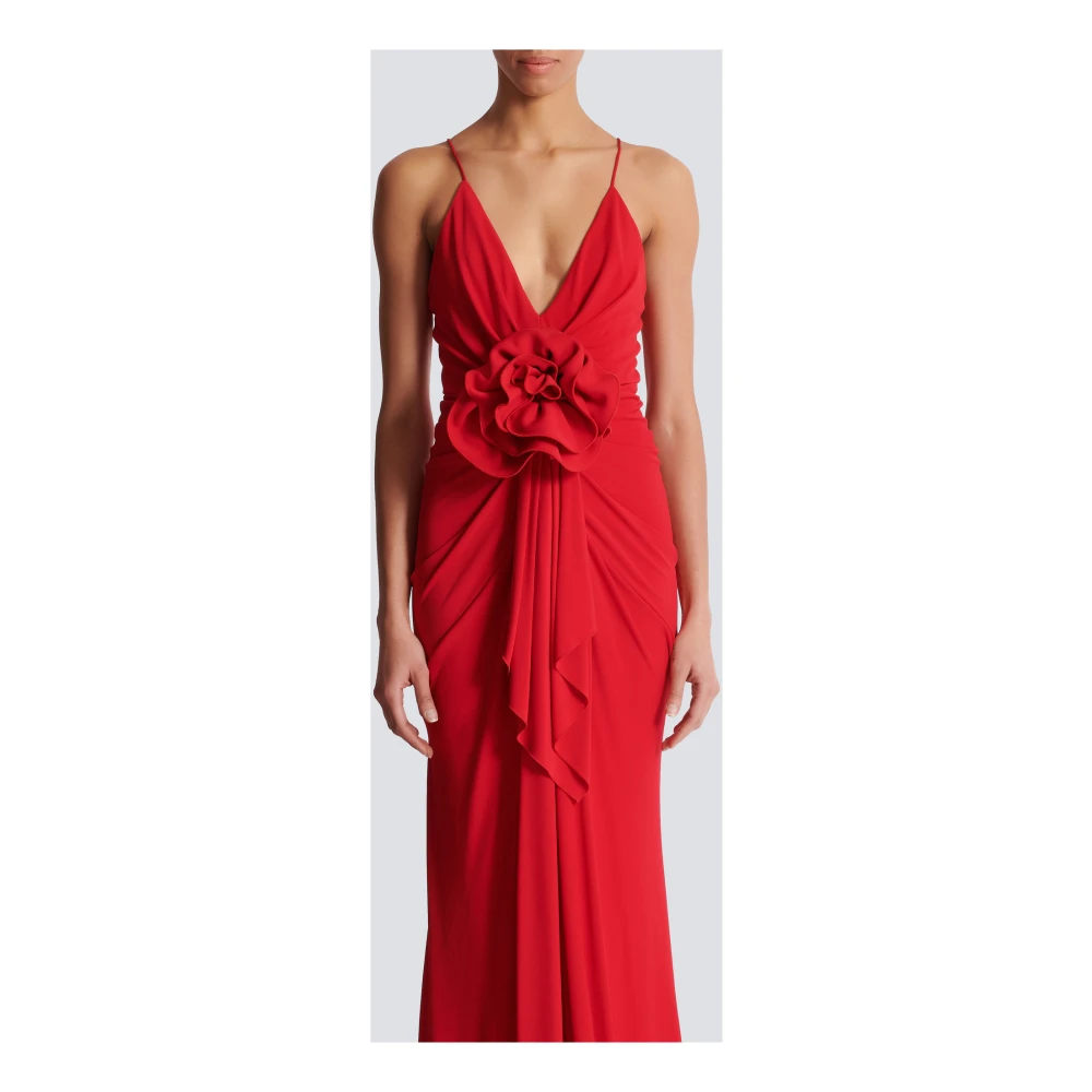 Balmain Lange geplooide jurk met bloemendetail Red Dames