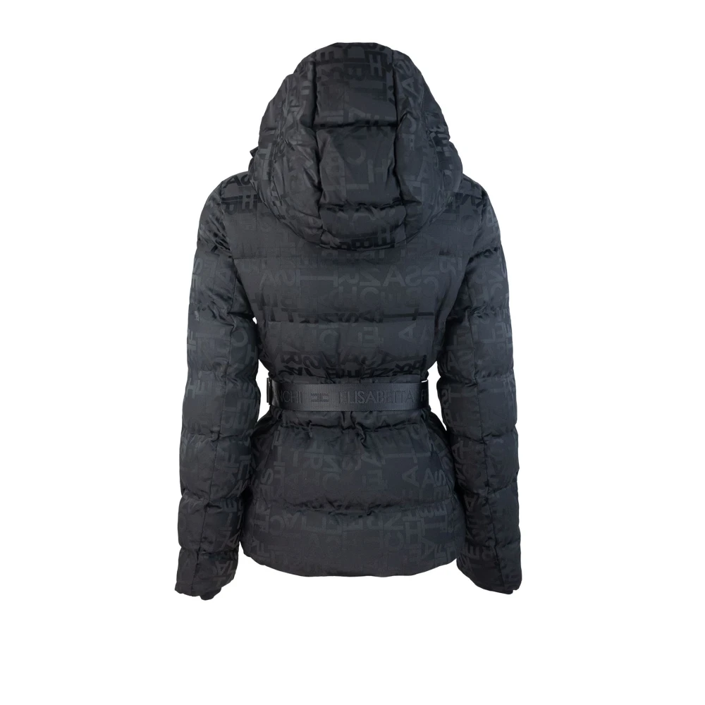 Elisabetta Franchi Korte Zwarte Jacquard Lettering Gewatteerde Jas Black Dames