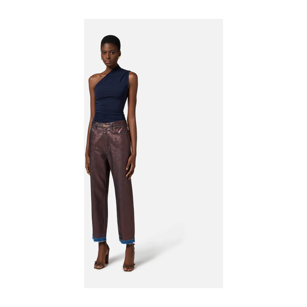Elisabetta Franchi Jersey top met een schouder en gouden detail Blue Dames