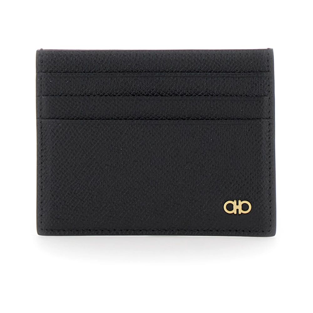 Ferragamo Black Leather Card Holder With Micro Gancini - Male - Wallets & Cardholders - Black - One Size - Accessories