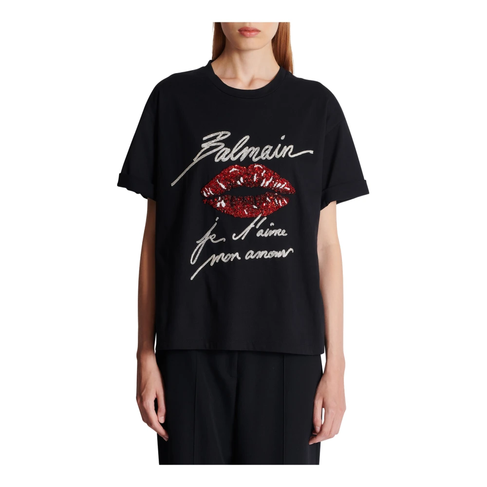Balmain T-shirt met kus borduurwerk en korte mouwen Black Dames