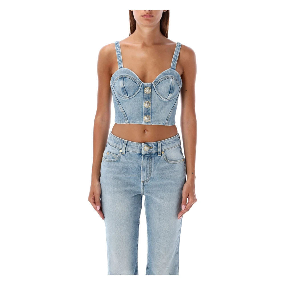 Balmain Denim Bustier Top Lichtblauw Blue Dames