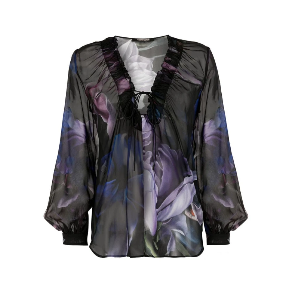 Roberto Cavalli Bloemen zijden overhemd met gerimpelde rand Multicolor Dames