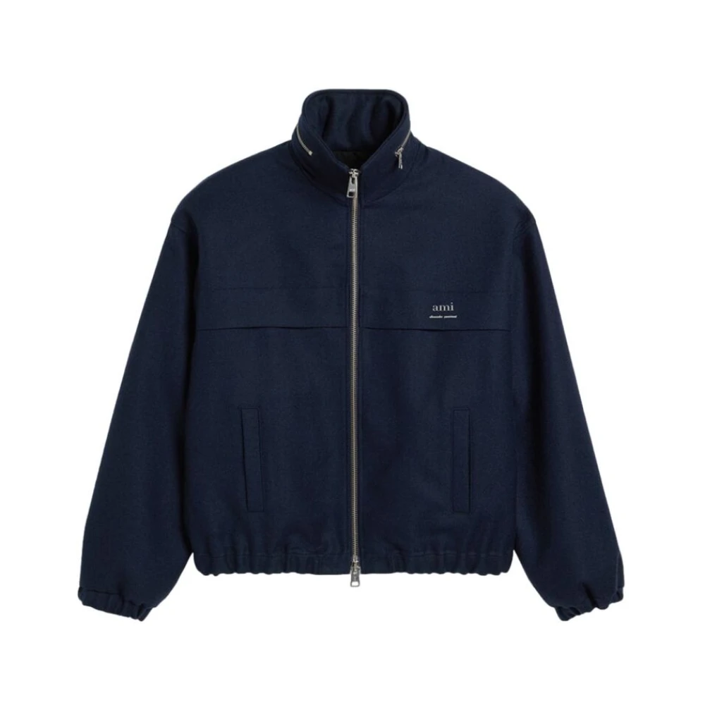 Ami Paris Navy Blauwe Wollen Jas met Logo Blue Heren