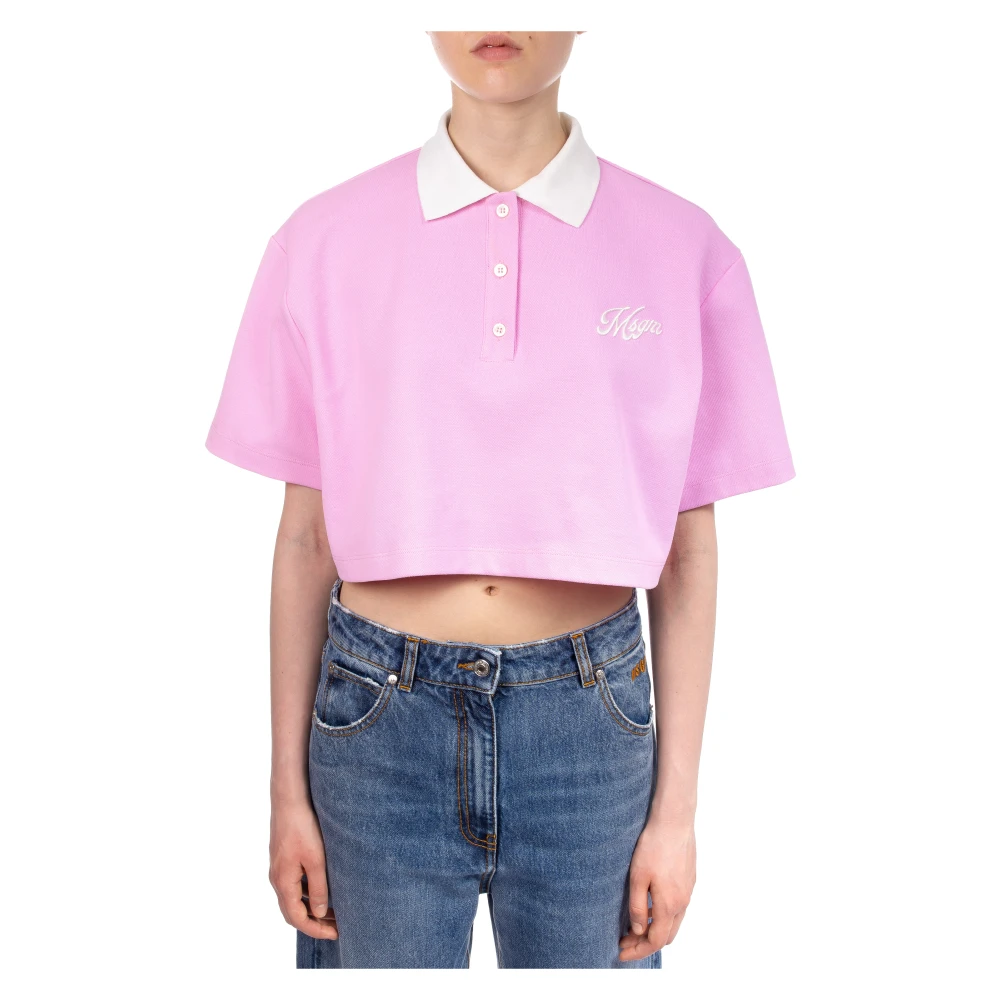 Msgm Women's Pink Cropped Polo Top - Polo Shirts - M - Tops