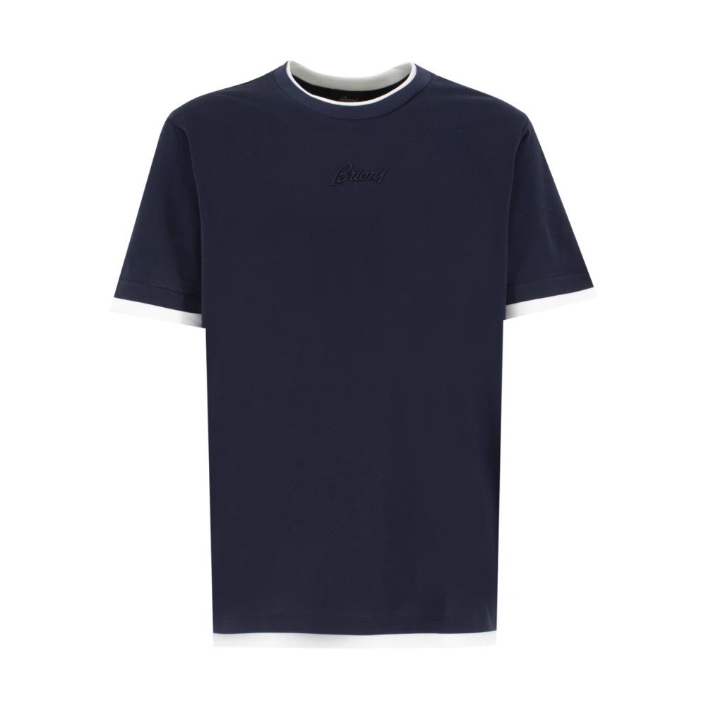 Brioni Navy Wit Geborduurd T-Shirt Blue Heren