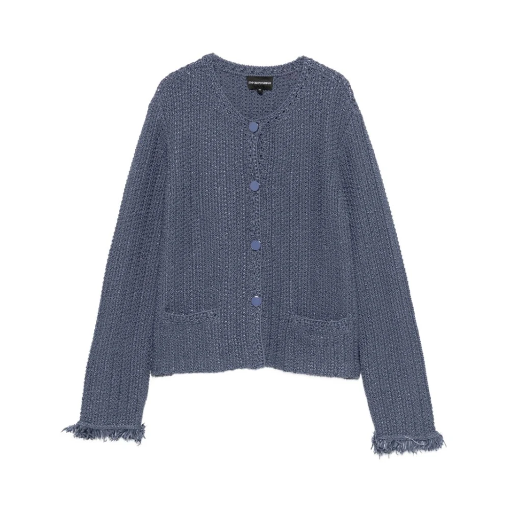 Emporio Armani Blue Cardigans, Female, L, Fringed-Trim Button-Fastening Cardigan
