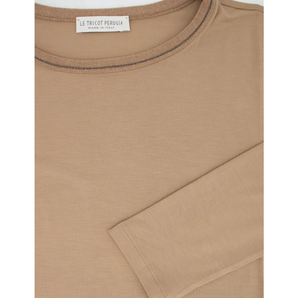 Le Tricot Perugia Gebreide Crew Neck Shirt met Lurex Brown Dames