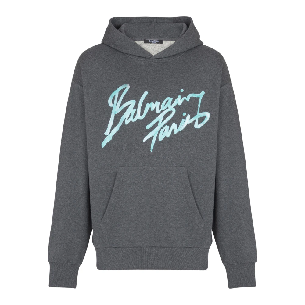 Balmain Gray Printed Hoodie - Male - Hoodies - S - Sweatshirts & Hoodies
