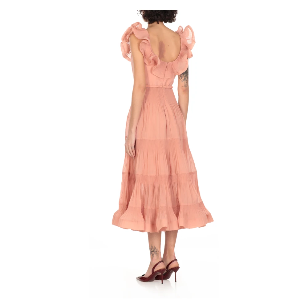 Zimmermann Roze Geplooide V-hals Jurk met Volants Pink Dames