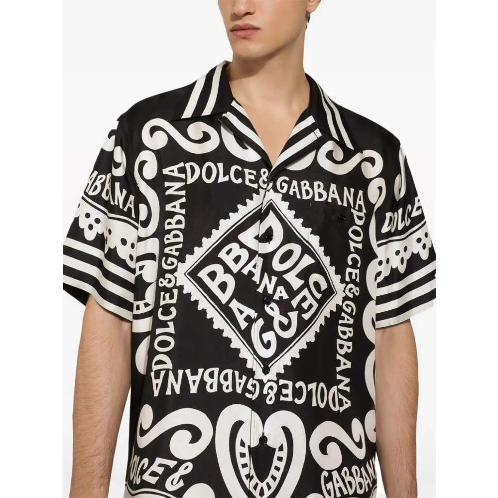 Dolce & Gabbana Zijden Logo Print Overhemd Klassieke Kraag Black Heren