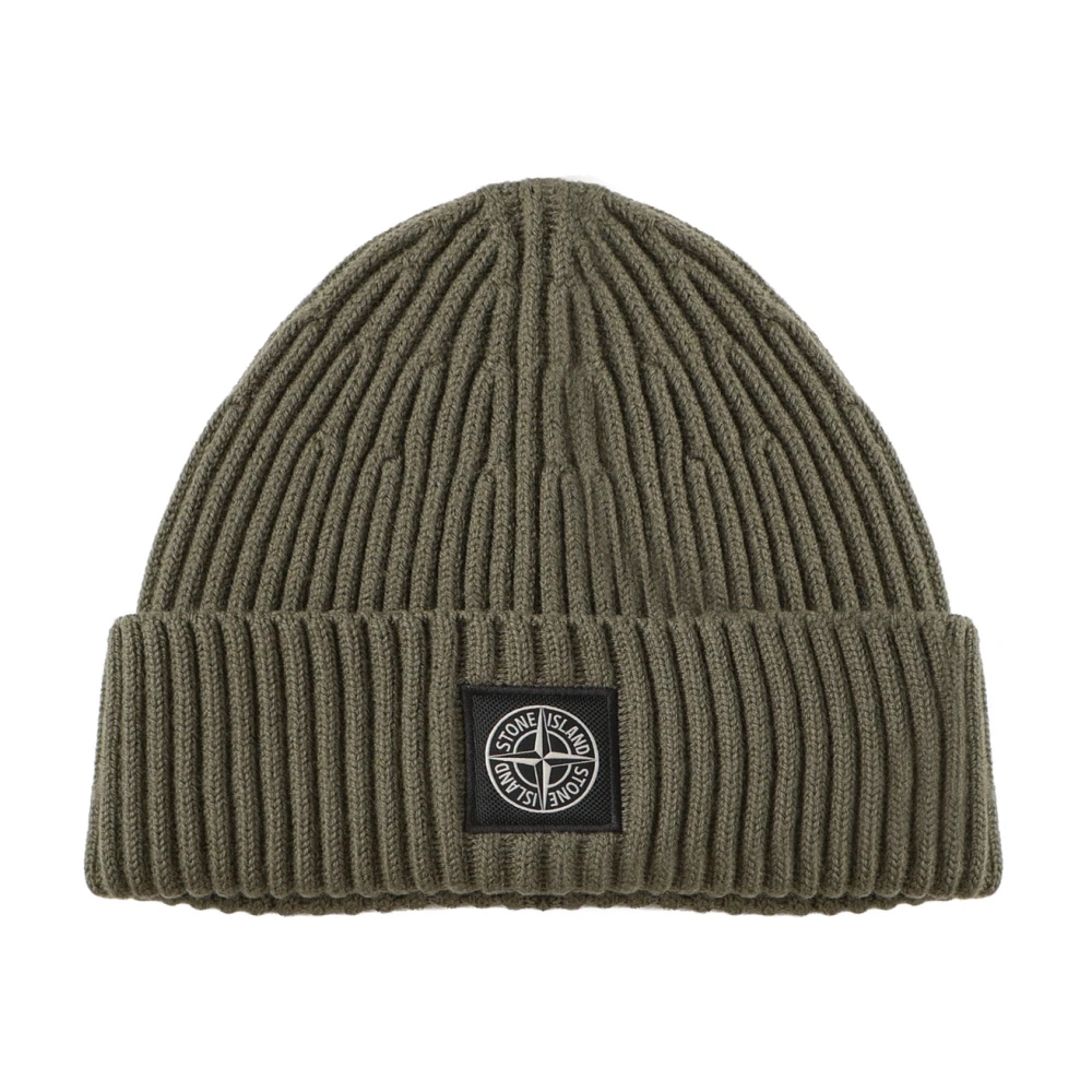 Stone Island Men's Green Ribbed Wool Beanie With Compass Patch - Image 3