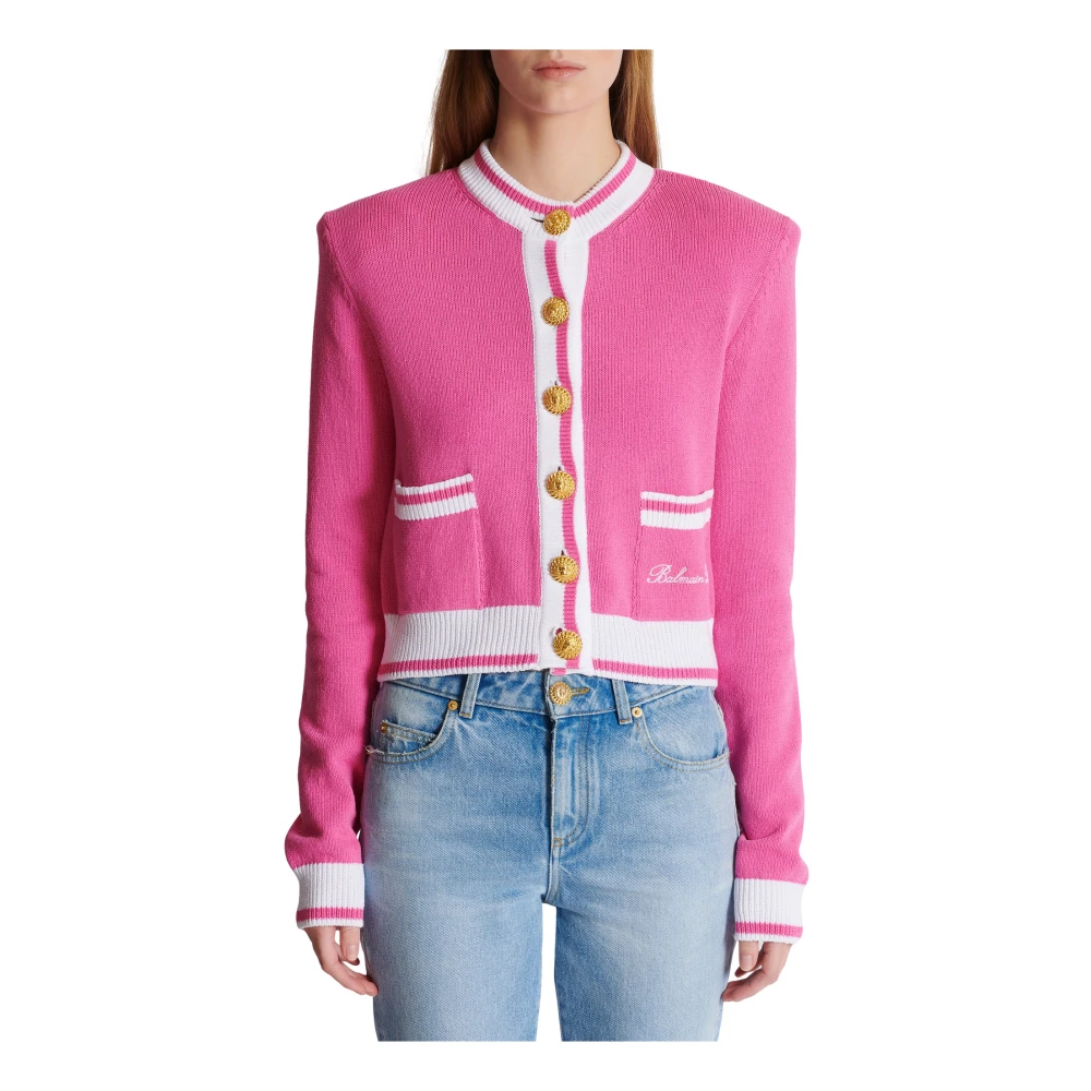 Balmain Handtekening gebreide vest Pink Dames