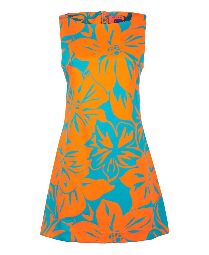 kvinders-orange-aermelos-kort-bomulds-kjole-med-blomstermonster
