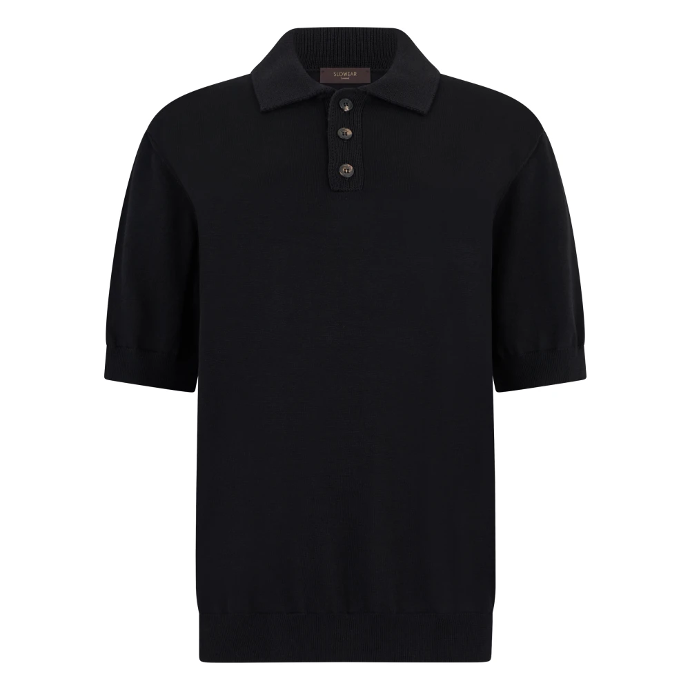 Slowear Men's Black Cotton Knit Polo - Polo Shirts - Xl - Tops