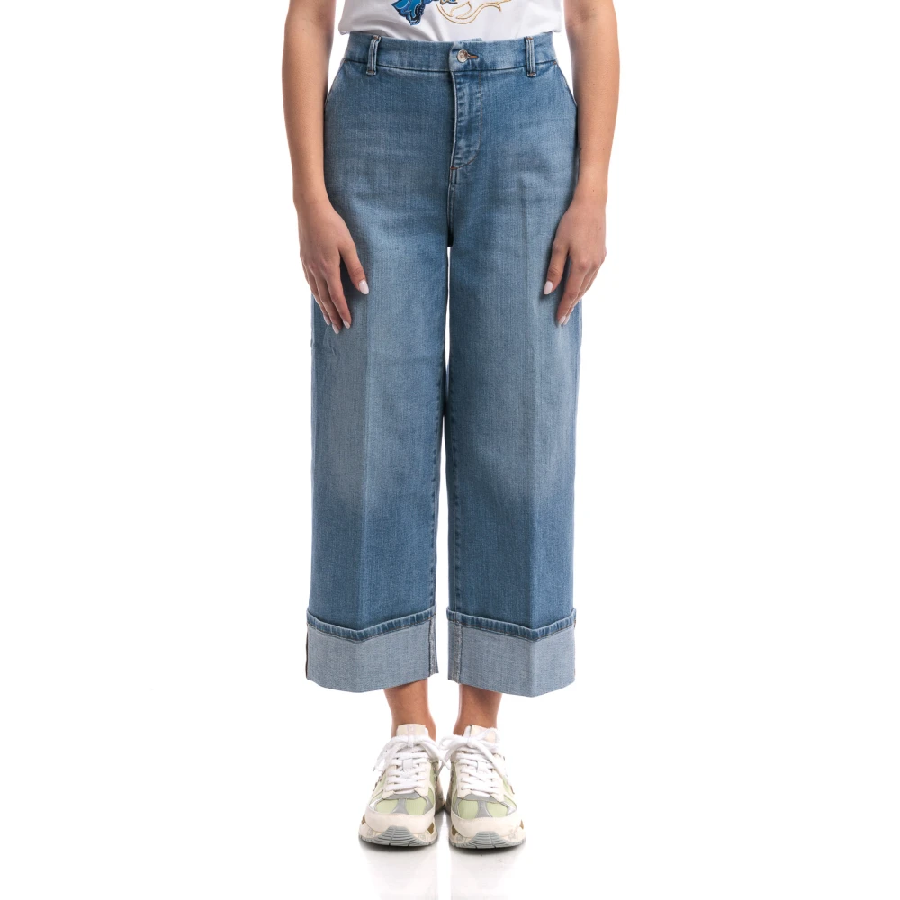 Liu Jo High Waist Flare Leg Jeans met Logo Manchet Blue Dames