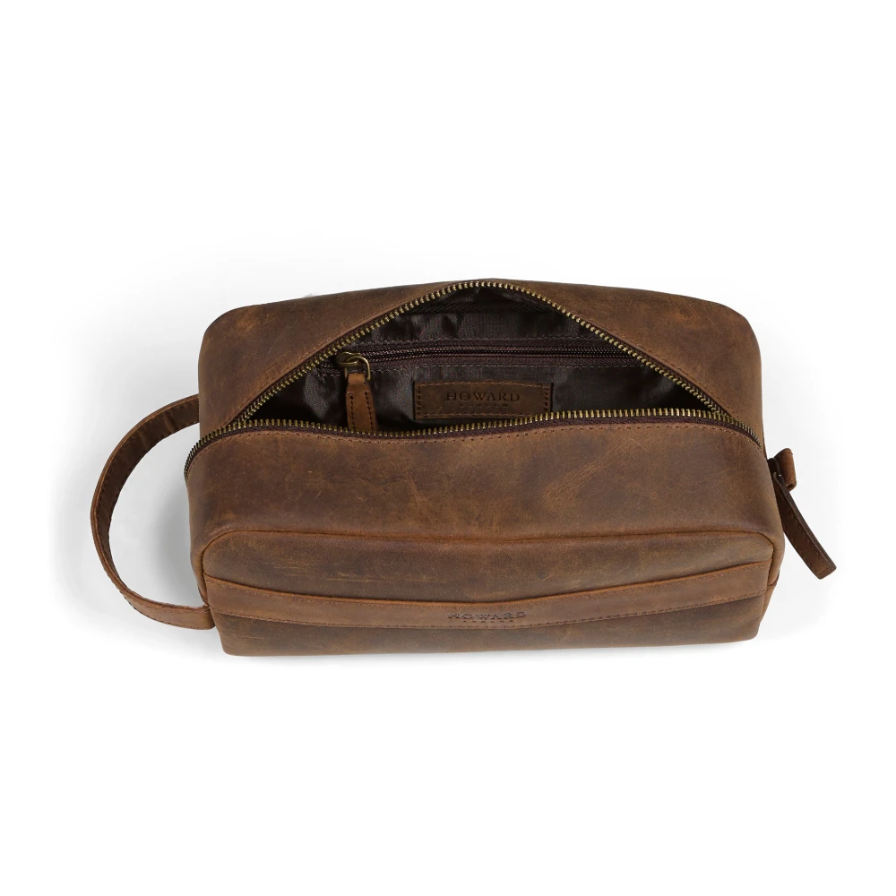 Howard London Bruine leren toilettas met ritssluiting Brown Heren