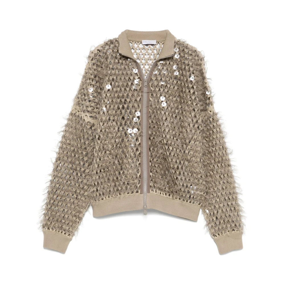 BRUNELLO CUCINELLI Paillet Versierde Franje Trui Beige Dames