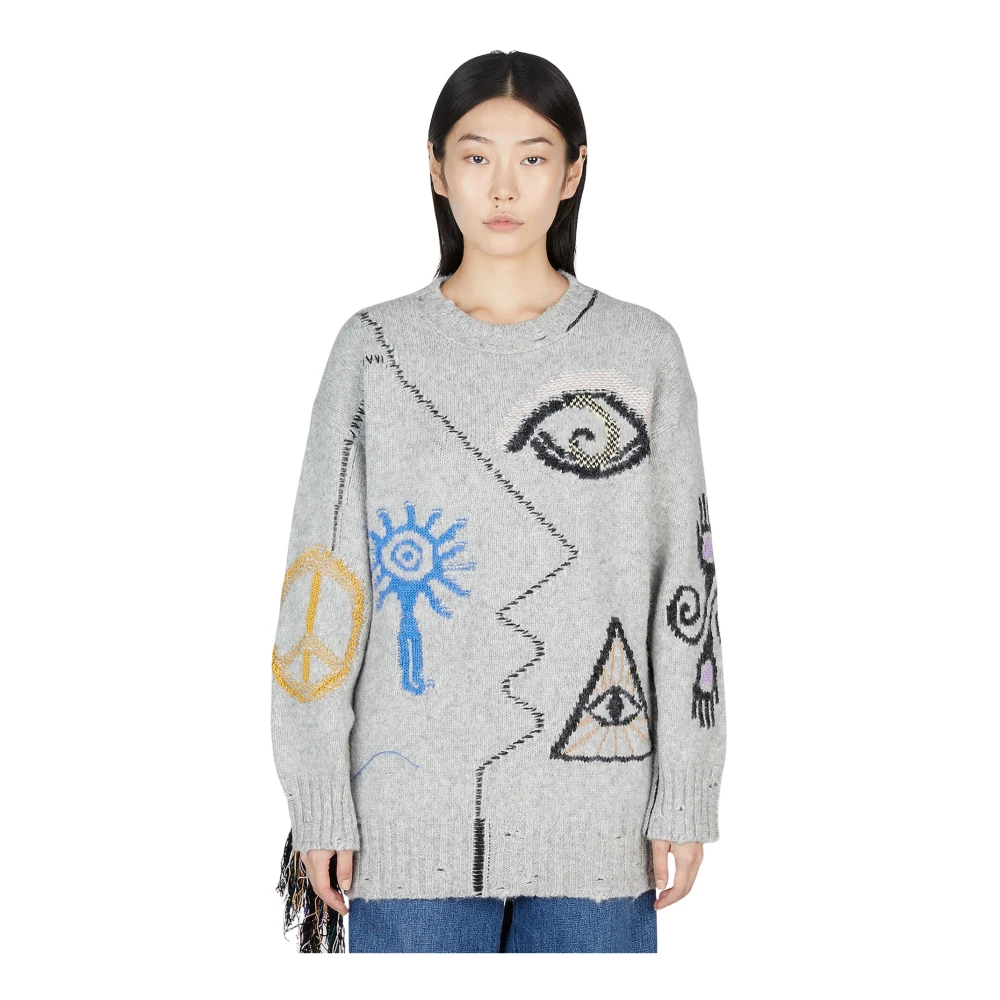 Stella Mccartney Women's Gray Round-Neck Knitwear, M, Folklore Embroidery Jumper