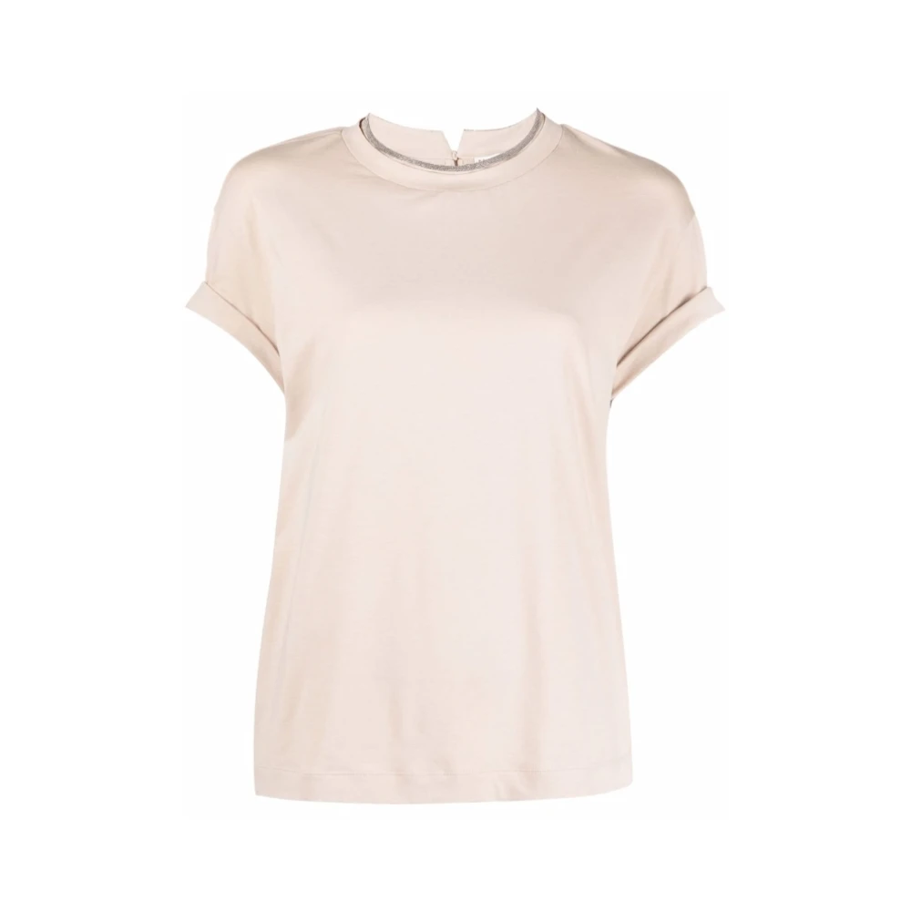 BRUNELLO CUCINELLI Beige Contrast Trim Crew Neck T-shirt Beige Dames