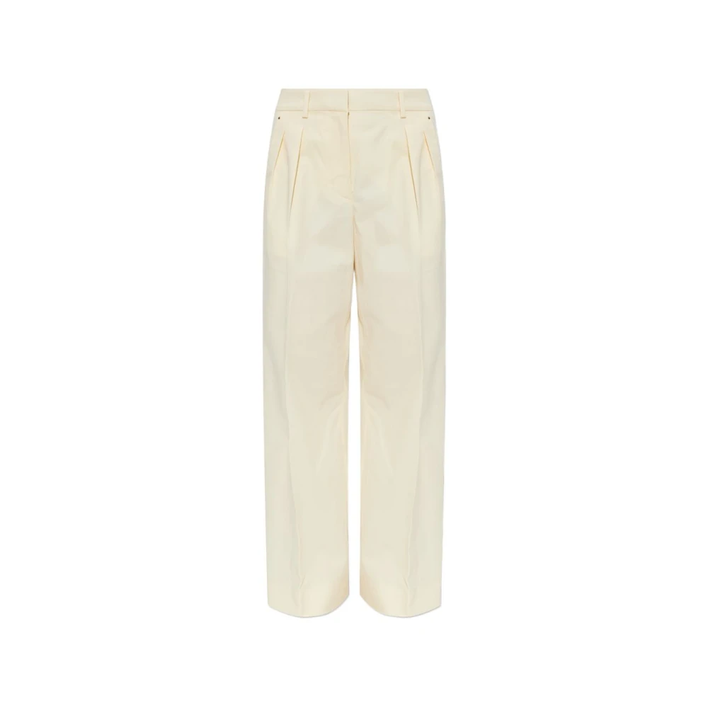 Moncler Women's Beige Wide Trousers, Xs, Cotton Gabardine Wide-Leg Tailored Trousers