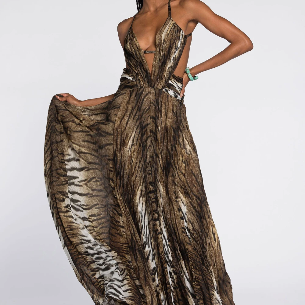 Roberto Cavalli Tijgerprint Maxi Zijden Jurk Multicolor Dames