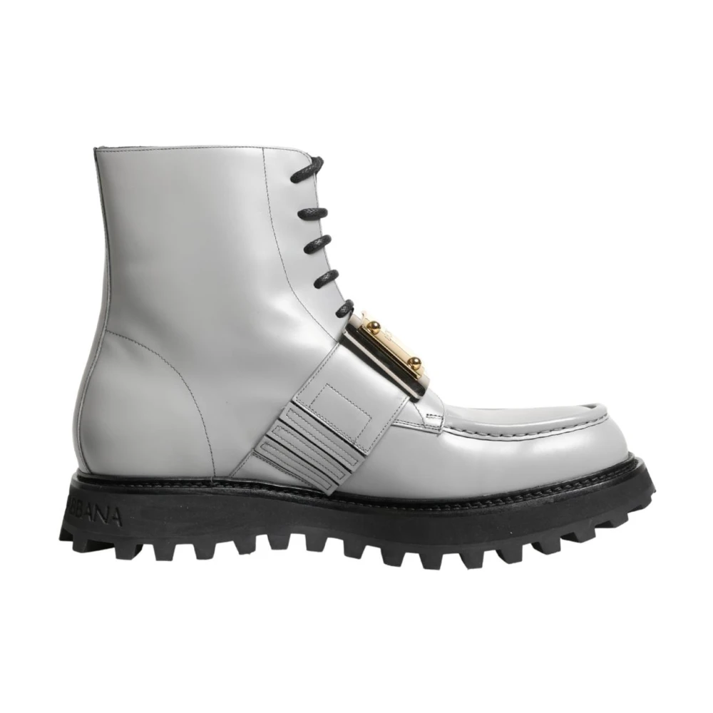 Dolce & Gabbana Men's Gray Leather Logo Plaque Ankle Boots