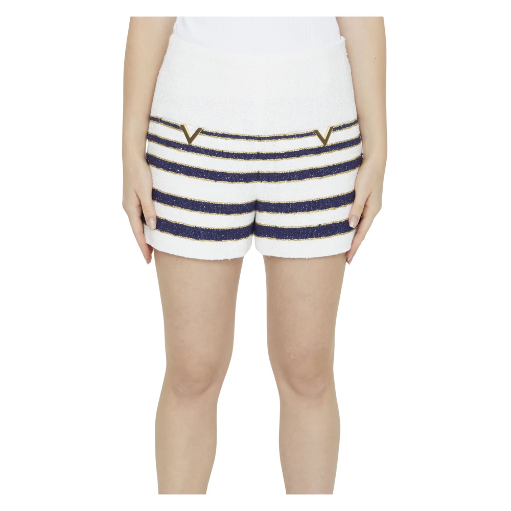 Valentino Garavani Ivory Mariniere Tweed Shorts met V Gouden Details White Dames