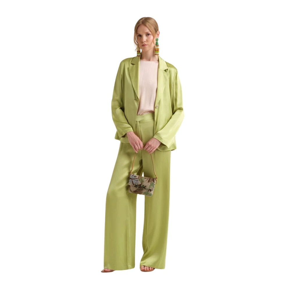 Maliparmi Women's Green Wide Trousers, Xl, Shiny Cady Trousers