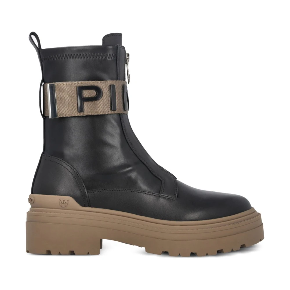 Pinko Round Toe Leather Boots With Zip Fastening - Female - Lace-Up Boots - Black - 8 Uk - Shoes - Image 2