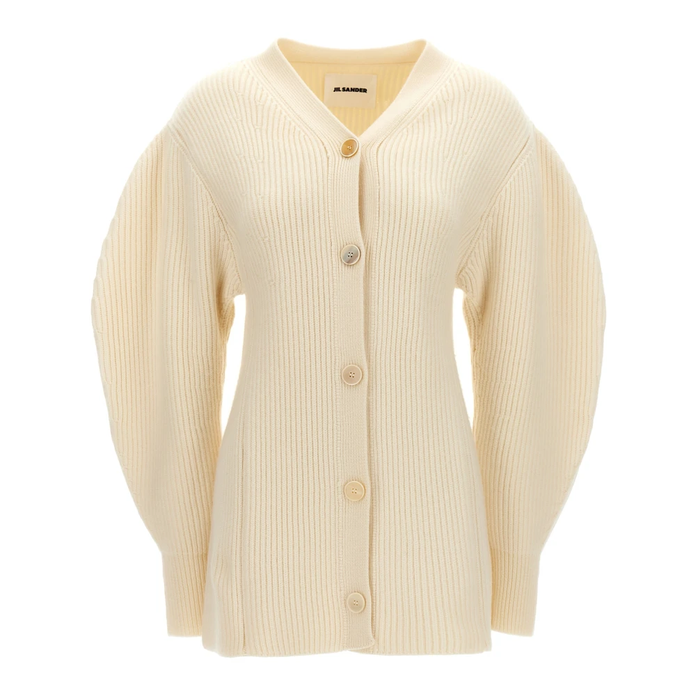 Jil Sander Women's White Cardigans, M, Long Ribbed Wool Cardigan