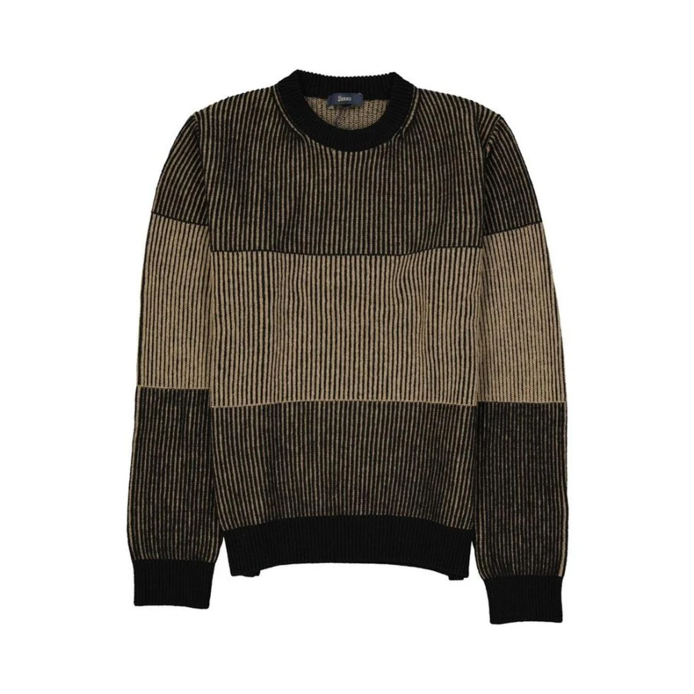 Herno Men's Blue Round-Neck Knitwear, M, Wool Sweatshirt With Ribbed Trims