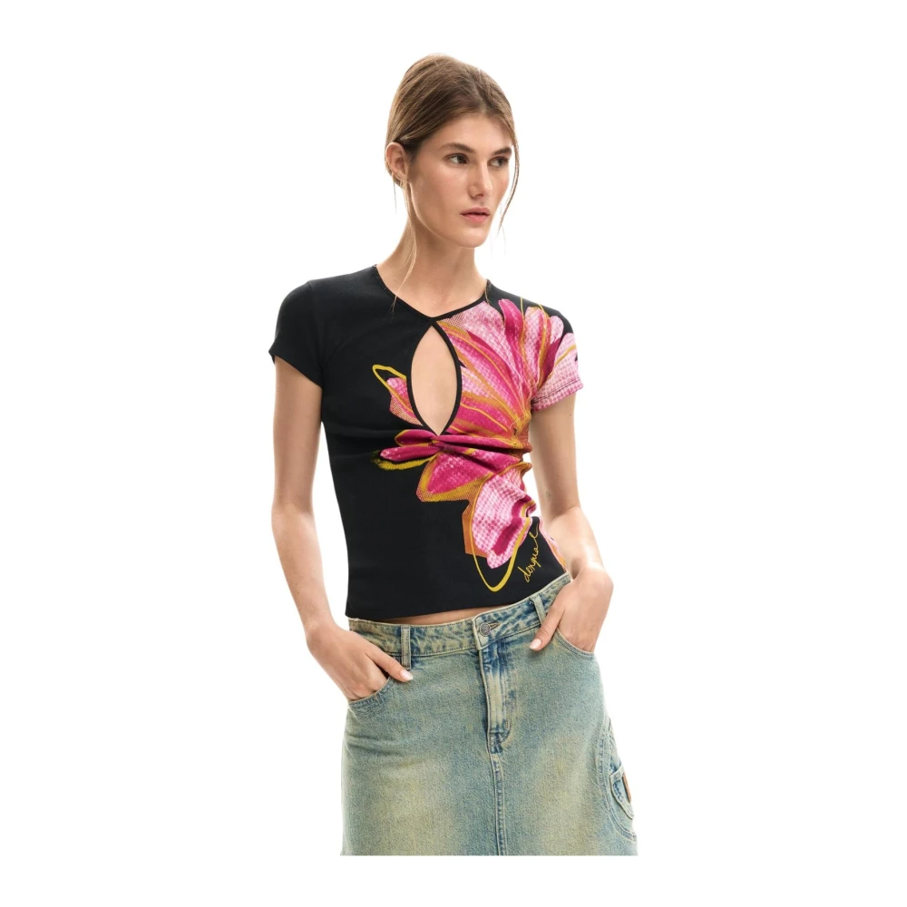 Desigual Women's Black T-Shirts, M, Floral Pattern Short Sleeve T-Shirt With Round Neck