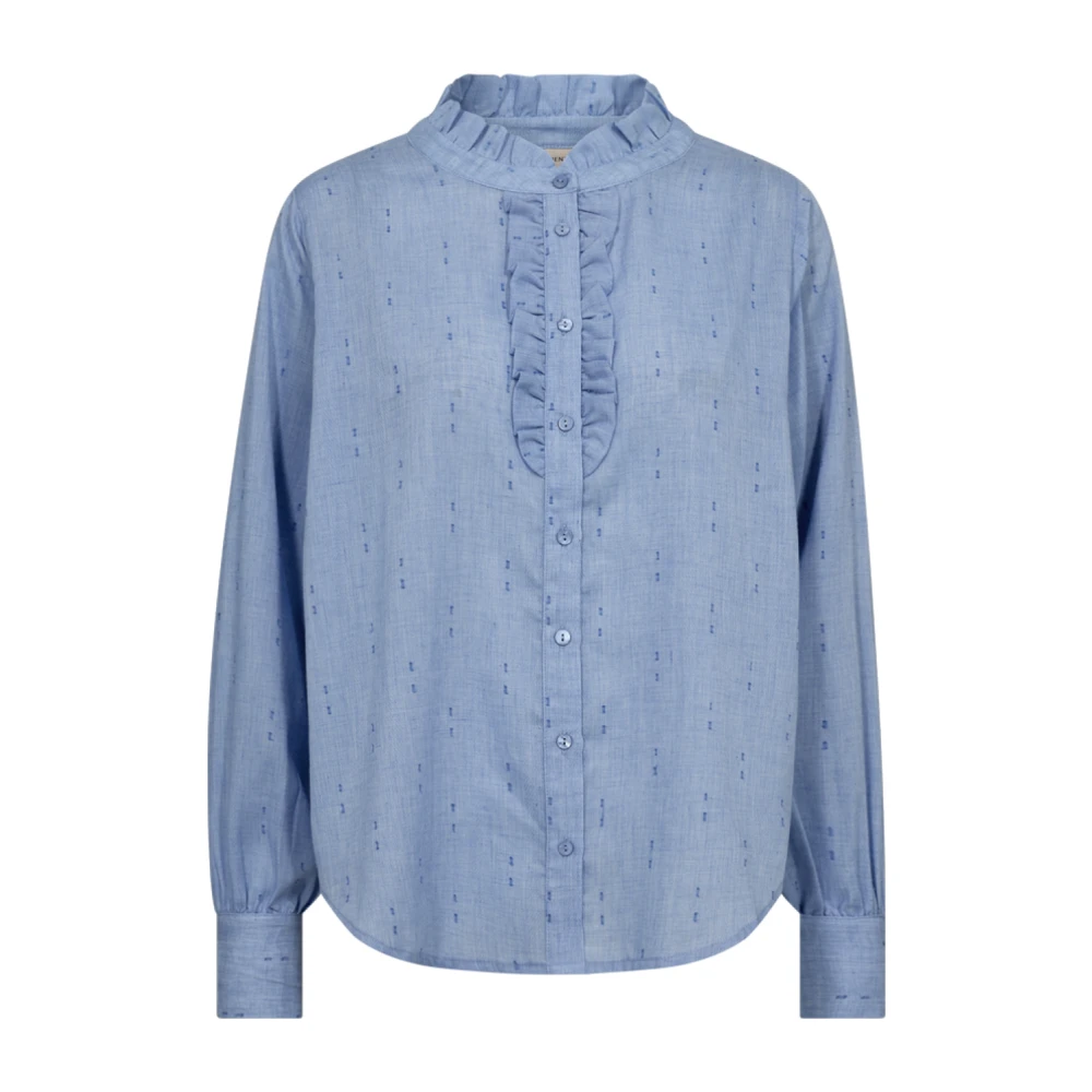 Freequent Blauwe Jacquard Blouse met Ballonmouwen Blue Dames